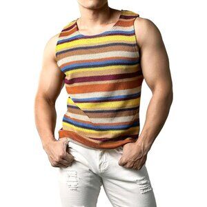 Jogal Rainbow Striped Tank Top Mens L Groovy Casual Hippie Festival Retro NWT